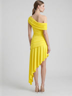 Lemon Stretch Knit A-Line One Shoulder Backless Asymmetrical Bridesmaid Dress with Pleats - Curvevia