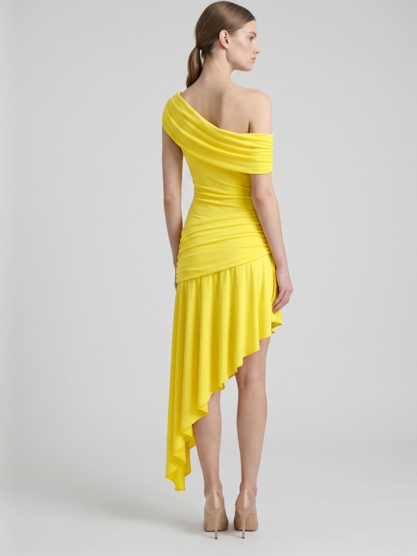 Lemon Stretch Knit A-Line One Shoulder Backless Asymmetrical Bridesmaid Dress with Pleats - Curvevia