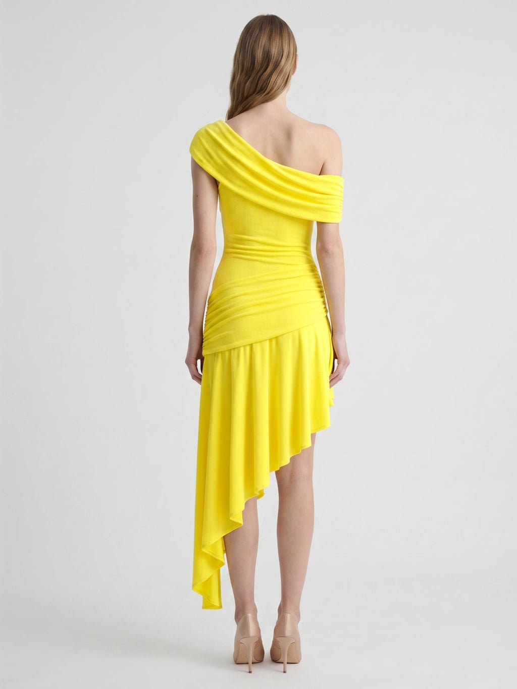 Lemon Stretch Knit A-Line One Shoulder Backless Asymmetrical Bridesmaid Dress with Pleats - Curvevia