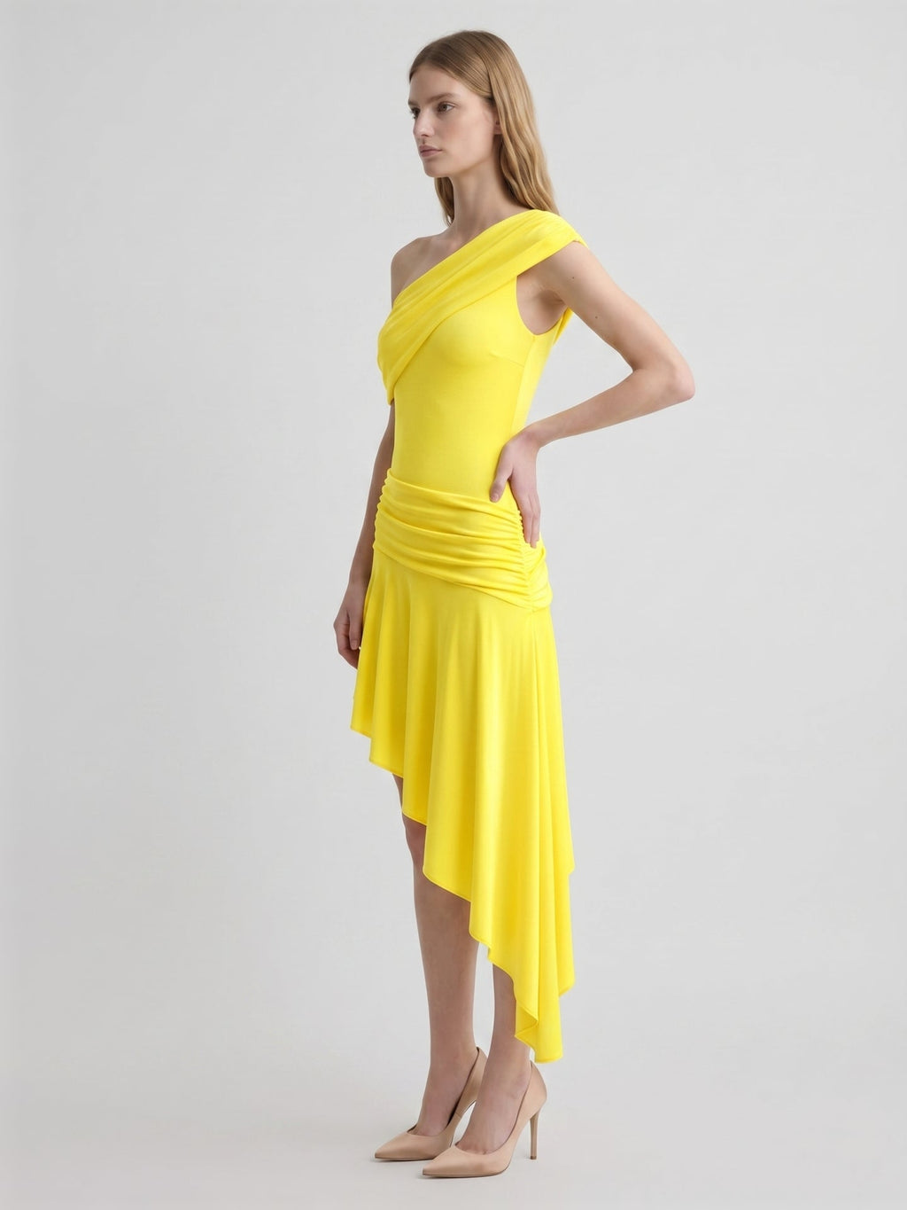 Lemon Stretch Knit A-Line One Shoulder Backless Asymmetrical Bridesmaid Dress with Pleats - Curvevia