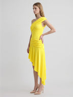 Lemon Stretch Knit A-Line One Shoulder Backless Asymmetrical Bridesmaid Dress with Pleats - Curvevia