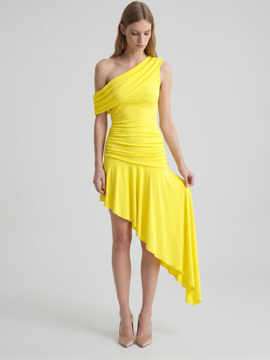 Lemon Stretch Knit A-Line One Shoulder Backless Asymmetrical Bridesmaid Dress with Pleats - Curvevia