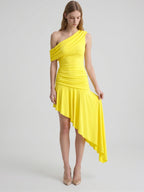 Lemon Stretch Knit A-Line One Shoulder Backless Asymmetrical Bridesmaid Dress with Pleats - Curvevia