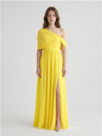 Lemon Stretch Knit A-Line One Shoulder Backless Floor-Length Bridesmaid Dress with Pleats - Curvevia