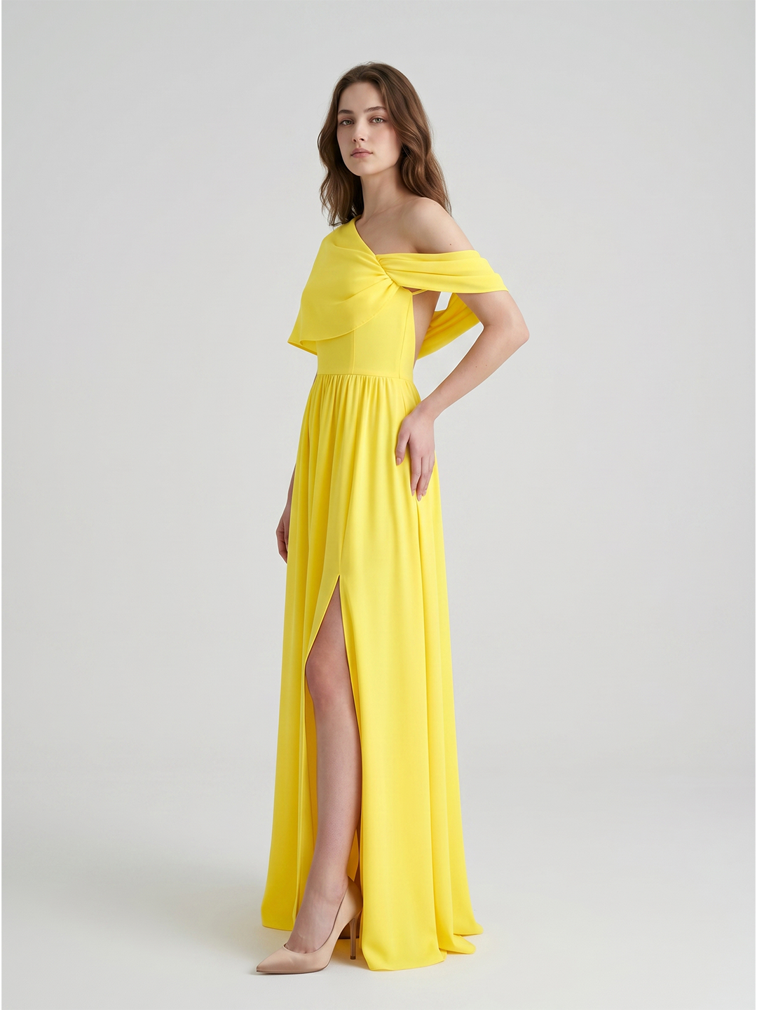 Lemon Stretch Knit A-Line One Shoulder Backless Floor-Length Bridesmaid Dress with Pleats - Curvevia