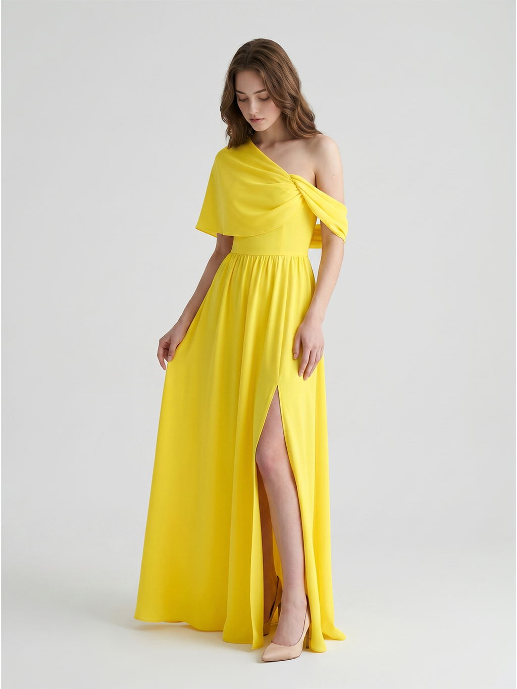 Lemon Stretch Knit A-Line One Shoulder Backless Floor-Length Bridesmaid Dress with Pleats - Curvevia