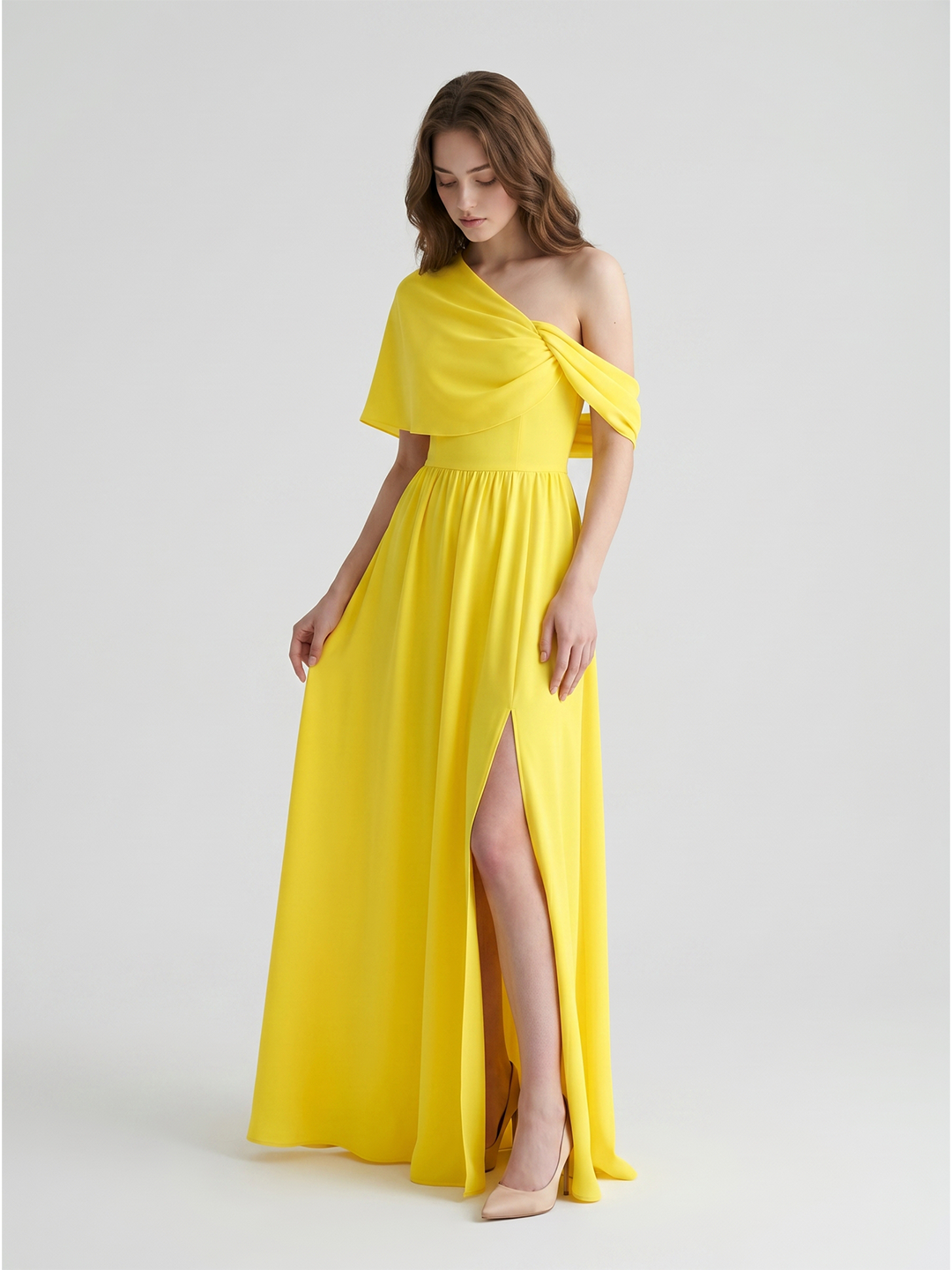Lemon Stretch Knit A-Line One Shoulder Backless Floor-Length Bridesmaid Dress with Pleats - Curvevia