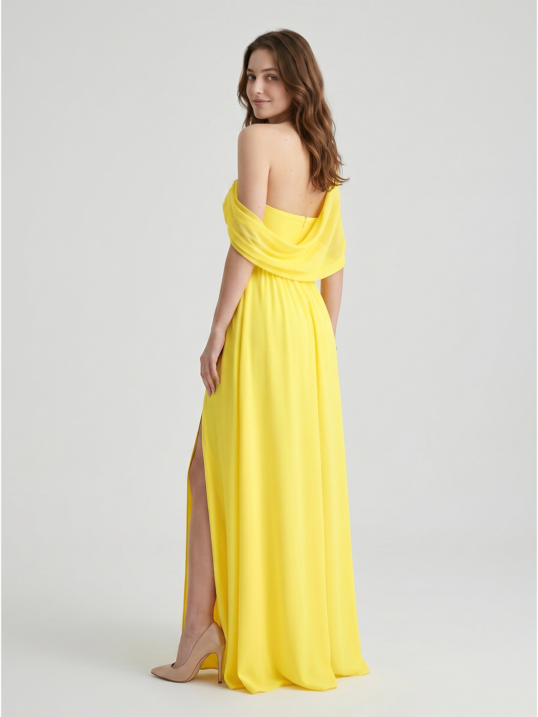 Lemon Stretch Knit A-Line One Shoulder Backless Floor-Length Bridesmaid Dress with Pleats - Curvevia