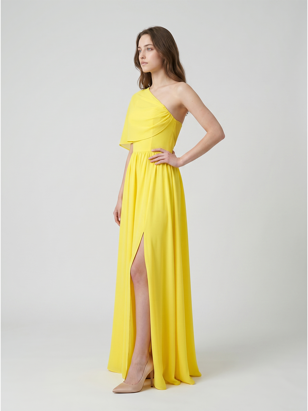 Lemon Stretch Knit A-Line One Shoulder Backless Floor-Length Bridesmaid Dress with Pleats - Curvevia