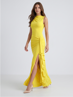 Lemon Stretch Knit A-Line Scoop Neck Back Zip Floor-Length Bridesmaid Dress with Pleats - Curvevia