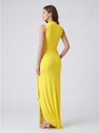 Lemon Stretch Knit A-Line Scoop Neck Back Zip Floor-Length Bridesmaid Dress with Pleats - Curvevia