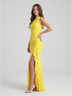 Lemon Stretch Knit A-Line Scoop Neck Back Zip Floor-Length Bridesmaid Dress with Pleats - Curvevia
