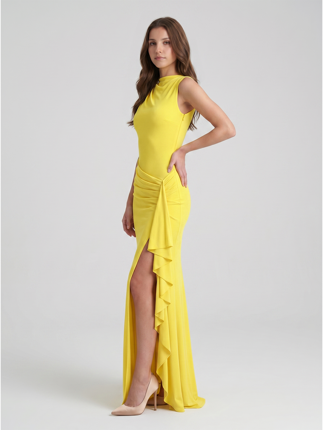 Lemon Stretch Knit A-Line Scoop Neck Back Zip Floor-Length Bridesmaid Dress with Pleats - Curvevia