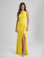 Lemon Stretch Knit A-Line Scoop Neck Back Zip Floor-Length Bridesmaid Dress with Pleats - Curvevia