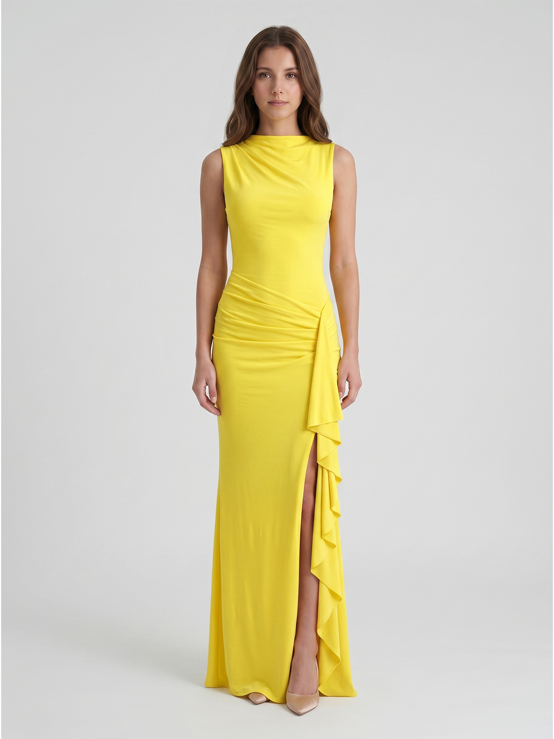 Lemon Stretch Knit A-Line Scoop Neck Back Zip Floor-Length Bridesmaid Dress with Pleats - Curvevia