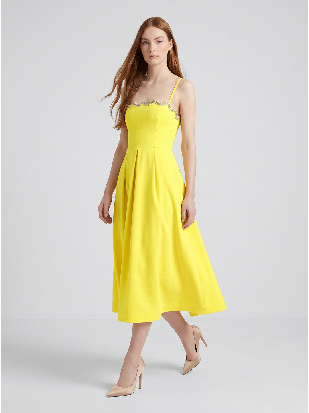 Lemon Stretch Knit A-Line Square Neck Back Zip Knee-Length Bridesmaid Dress with Pleats - Curvevia