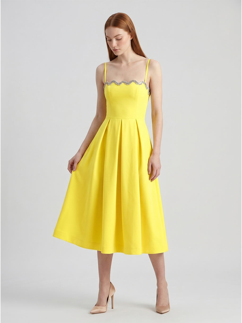 Lemon Stretch Knit A-Line Square Neck Back Zip Knee-Length Bridesmaid Dress with Pleats - Curvevia