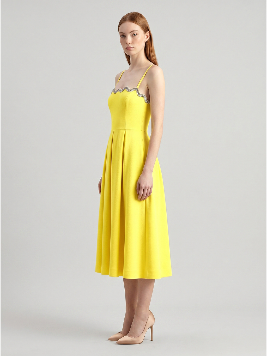 Lemon Stretch Knit A-Line Square Neck Back Zip Knee-Length Bridesmaid Dress with Pleats - Curvevia