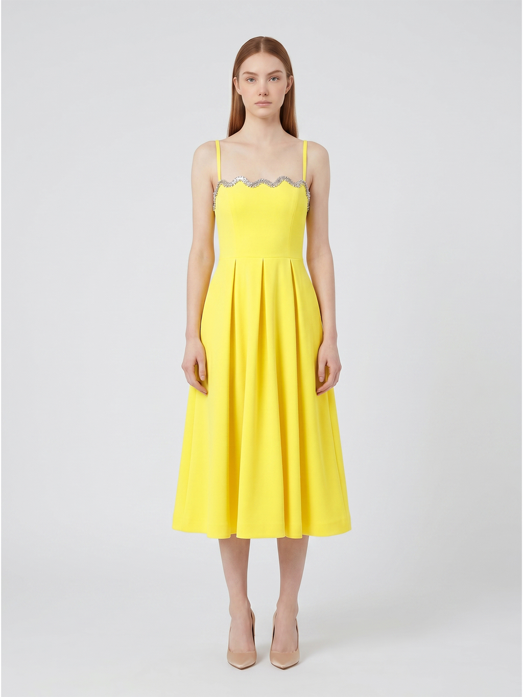 Lemon Stretch Knit A-Line Square Neck Back Zip Knee-Length Bridesmaid Dress with Pleats - Curvevia