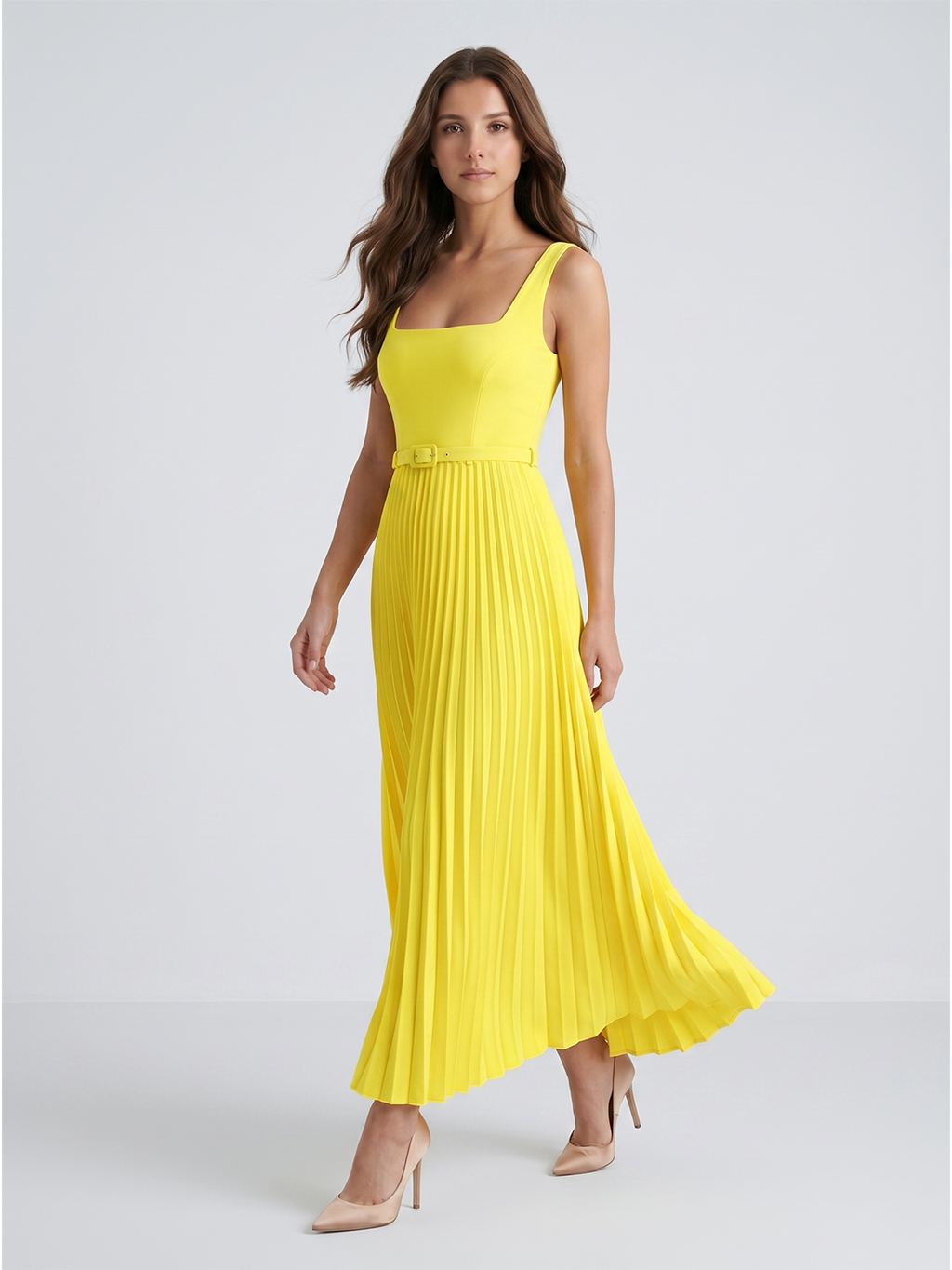 Lemon Stretch Knit A-Line Square Neck Backless Ankle-Length Bridesmaid Dress with Pleats - Curvevia