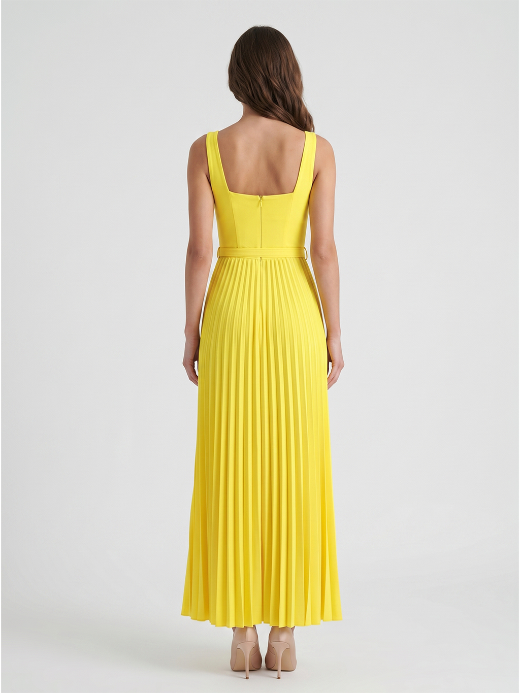 Lemon Stretch Knit A-Line Square Neck Backless Ankle-Length Bridesmaid Dress with Pleats - Curvevia
