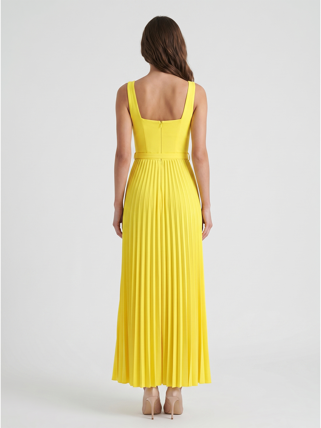 Lemon Stretch Knit A-Line Square Neck Backless Ankle-Length Bridesmaid Dress with Pleats - Curvevia