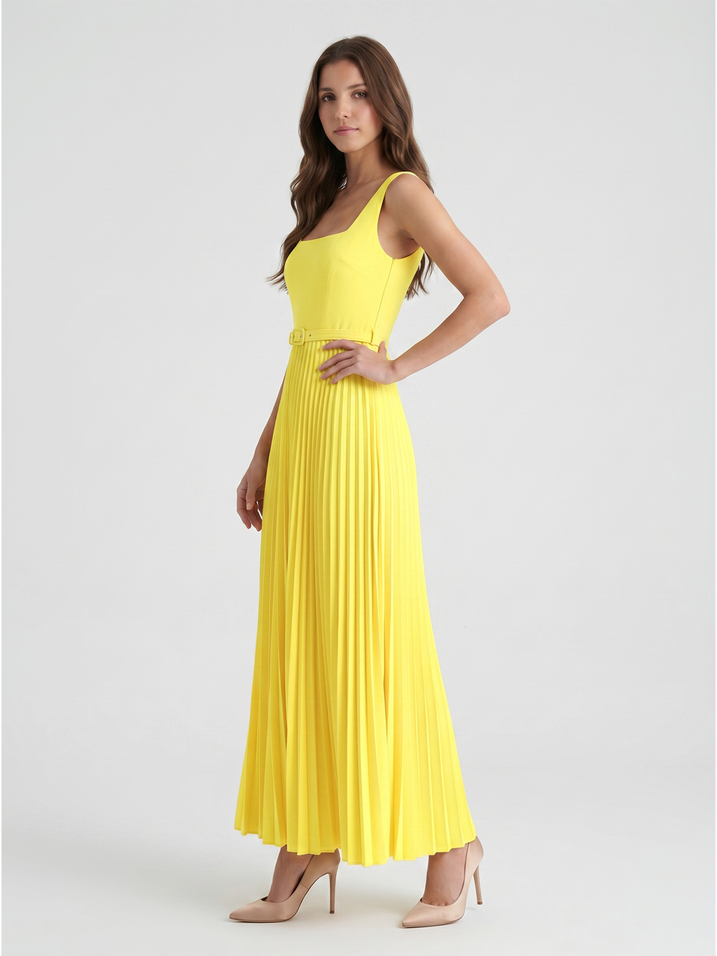 Lemon Stretch Knit A-Line Square Neck Backless Ankle-Length Bridesmaid Dress with Pleats - Curvevia