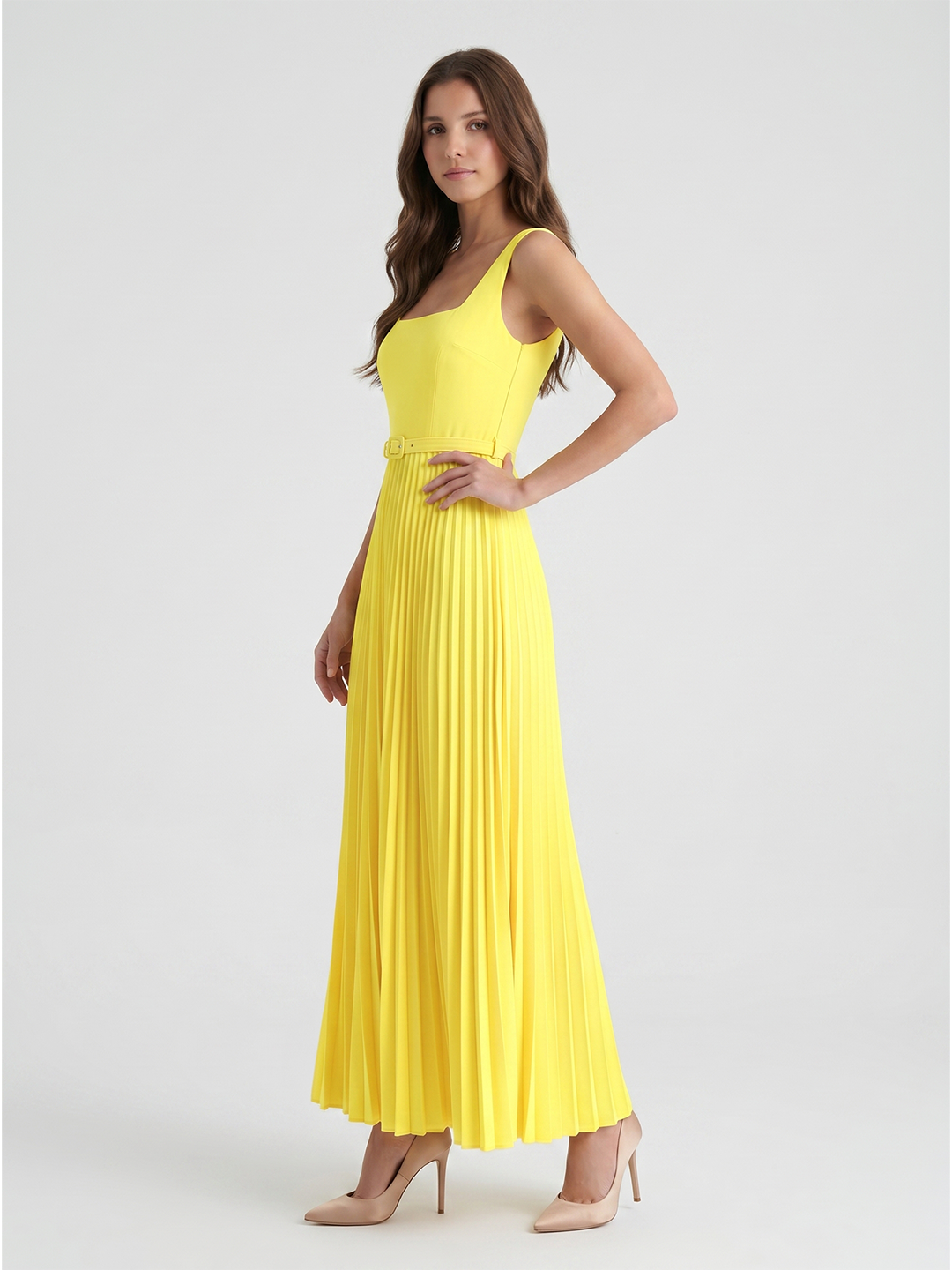 Lemon Stretch Knit A-Line Square Neck Backless Ankle-Length Bridesmaid Dress with Pleats - Curvevia
