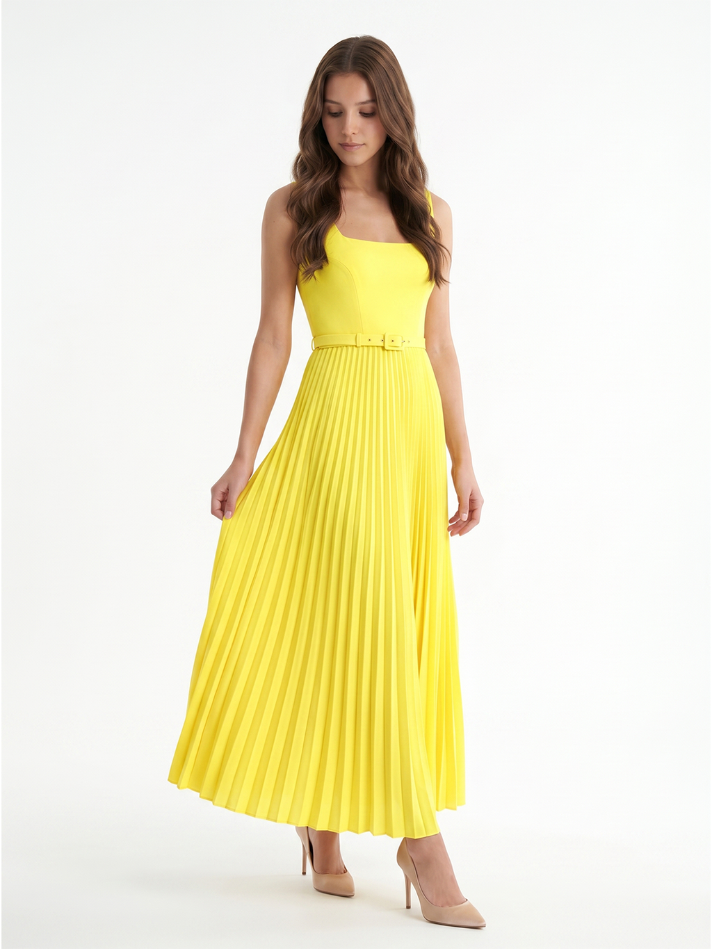 Lemon Stretch Knit A-Line Square Neck Backless Ankle-Length Bridesmaid Dress with Pleats - Curvevia