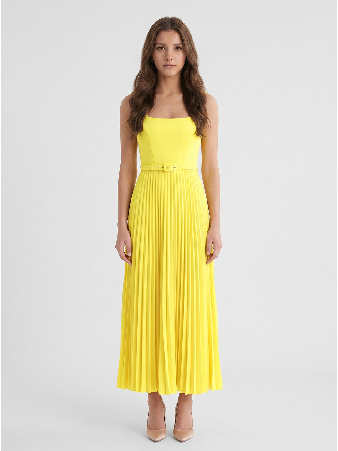 Lemon Stretch Knit A-Line Square Neck Backless Ankle-Length Bridesmaid Dress with Pleats - Curvevia