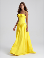 Lemon Stretch Knit A-Line Straight Neck Back Zip Floor-Length Bridesmaid Dress with Ruffles - Curvevia