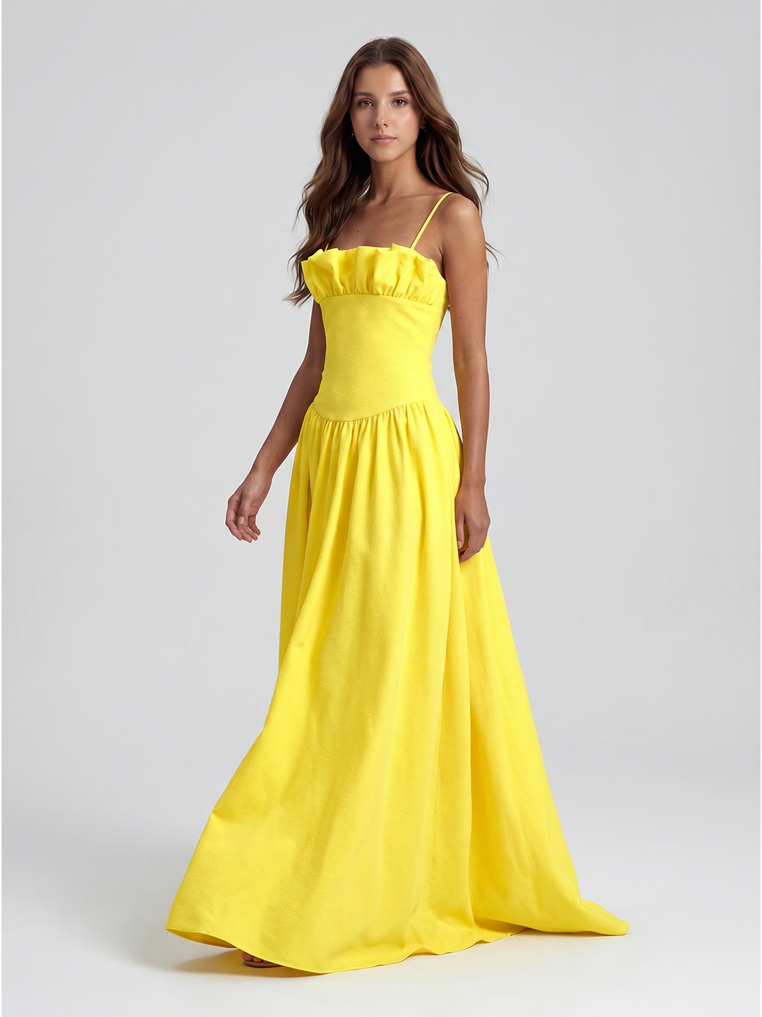 Lemon Stretch Knit A-Line Straight Neck Back Zip Floor-Length Bridesmaid Dress with Ruffles - Curvevia