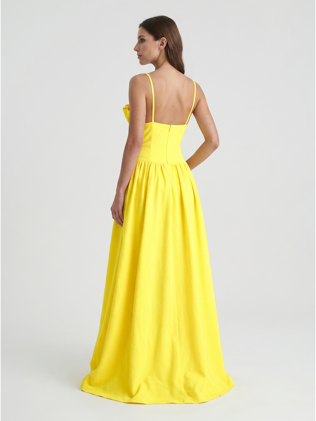 Lemon Stretch Knit A-Line Straight Neck Back Zip Floor-Length Bridesmaid Dress with Ruffles - Curvevia