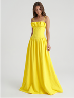 Lemon Stretch Knit A-Line Straight Neck Back Zip Floor-Length Bridesmaid Dress with Ruffles - Curvevia