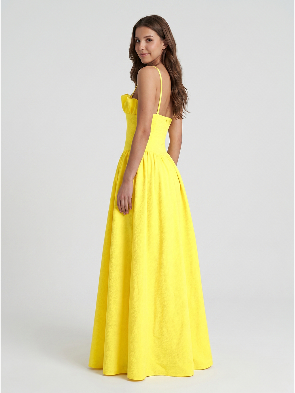 Lemon Stretch Knit A-Line Straight Neck Back Zip Floor-Length Bridesmaid Dress with Ruffles - Curvevia