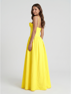 Lemon Stretch Knit A-Line Straight Neck Back Zip Floor-Length Bridesmaid Dress with Ruffles - Curvevia