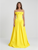 Lemon Stretch Knit A-Line Straight Neck Back Zip Floor-Length Bridesmaid Dress with Ruffles - Curvevia