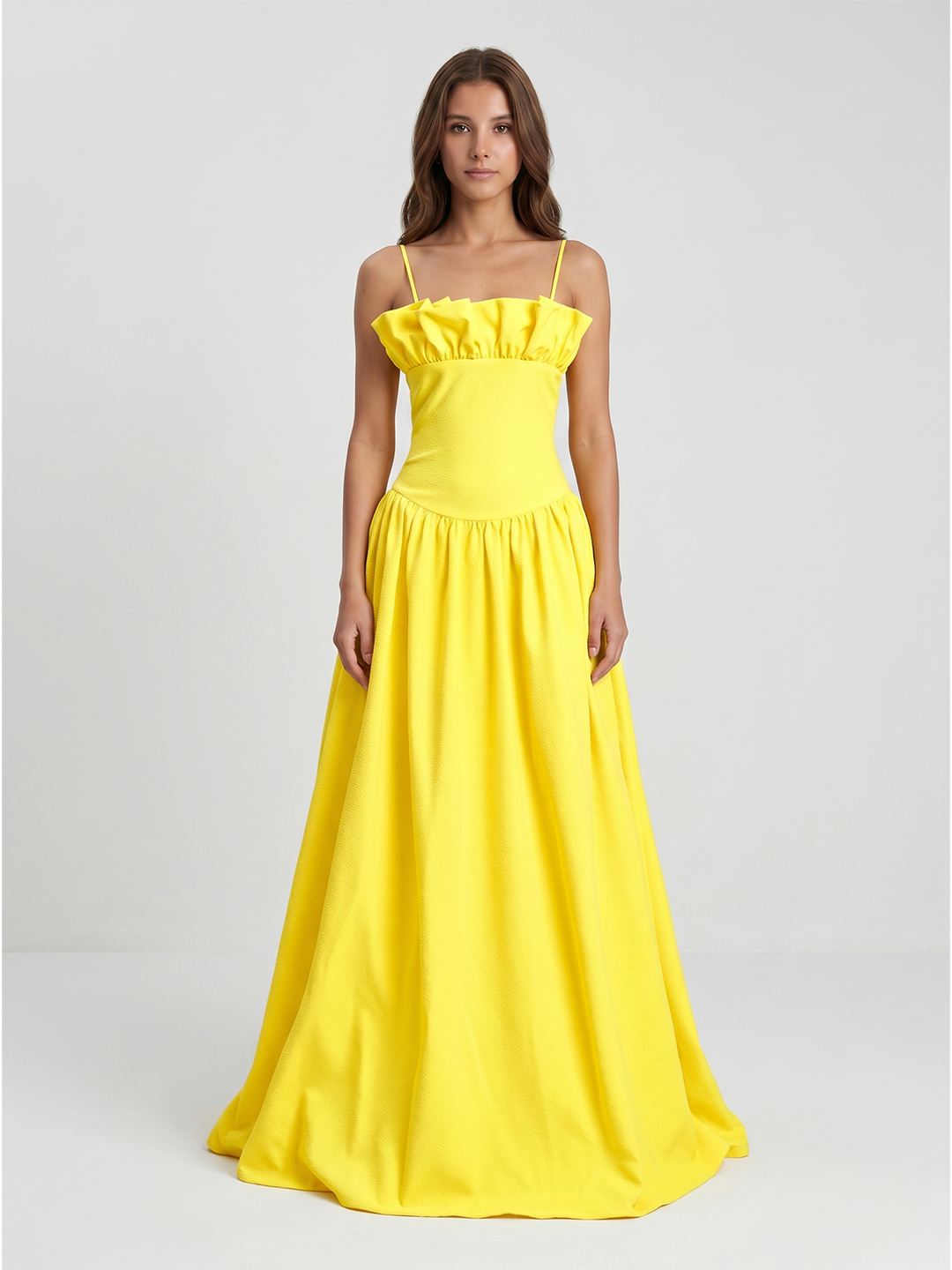 Lemon Stretch Knit A-Line Straight Neck Back Zip Floor-Length Bridesmaid Dress with Ruffles - Curvevia