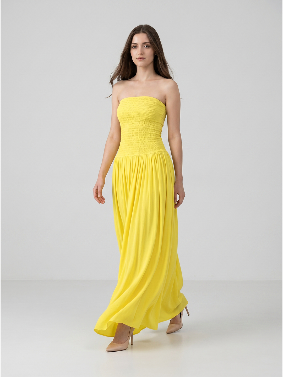 Lemon Stretch Knit A-Line Straight Neck Backless Floor-Length Bridesmaid Dress with Pleats - Curvevia