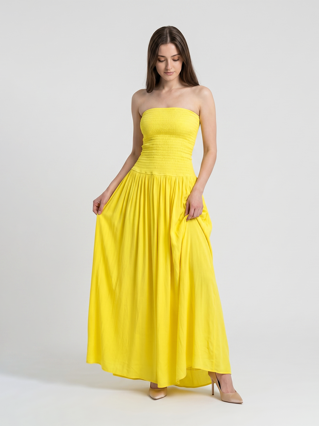 Lemon Stretch Knit A-Line Straight Neck Backless Floor-Length Bridesmaid Dress with Pleats - Curvevia