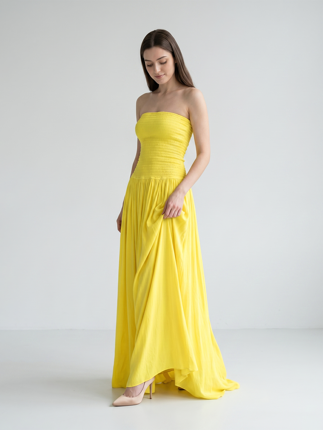 Lemon Stretch Knit A-Line Straight Neck Backless Floor-Length Bridesmaid Dress with Pleats - Curvevia