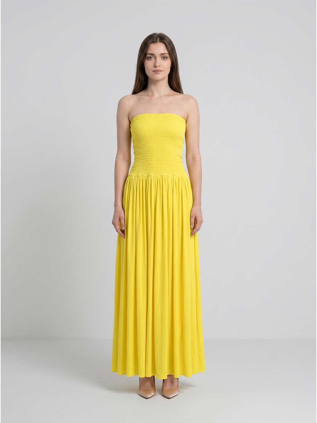 Lemon Stretch Knit A-Line Straight Neck Backless Floor-Length Bridesmaid Dress with Pleats - Curvevia