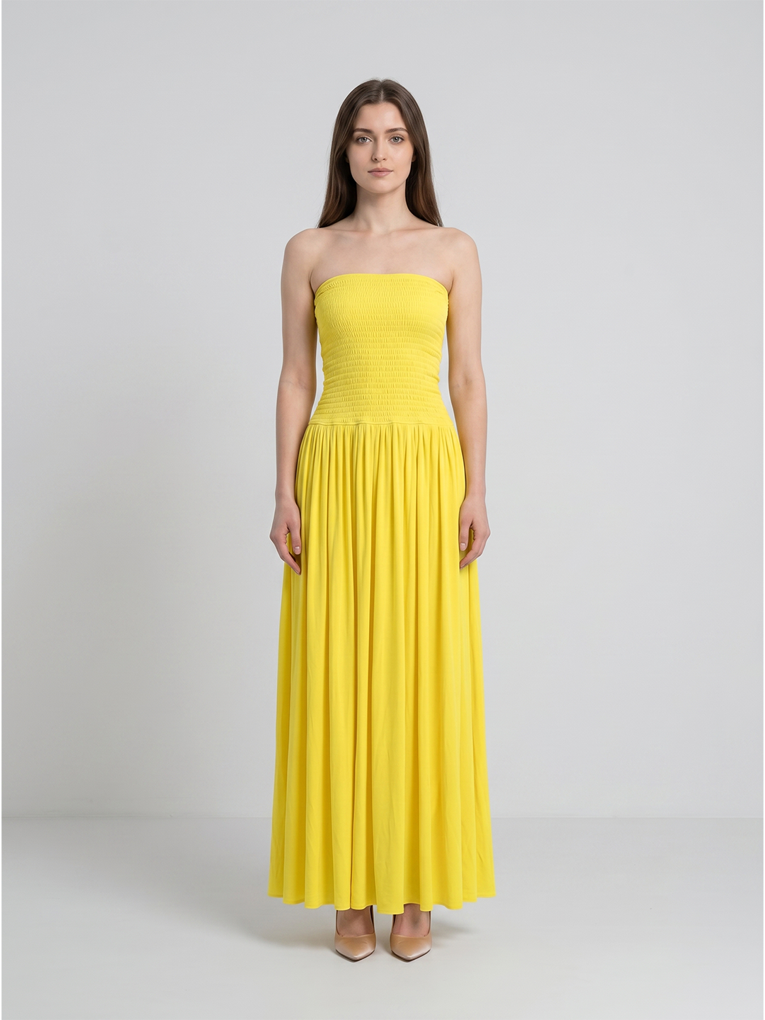 Lemon Stretch Knit A-Line Straight Neck Backless Floor-Length Bridesmaid Dress with Pleats - Curvevia