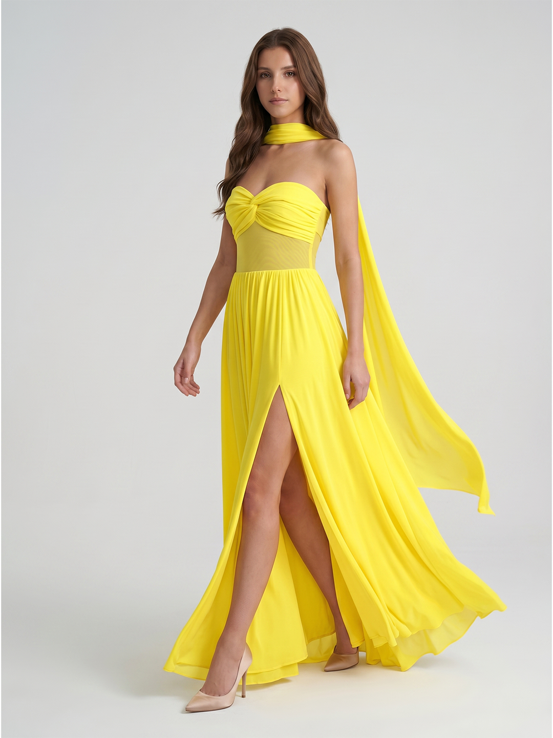 Lemon Stretch Knit A-Line Sweetheart Backless Floor-Length Bridesmaid Dress with Pleats - Curvevia