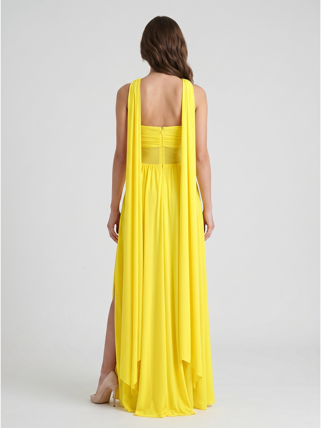 Lemon Stretch Knit A-Line Sweetheart Backless Floor-Length Bridesmaid Dress with Pleats - Curvevia