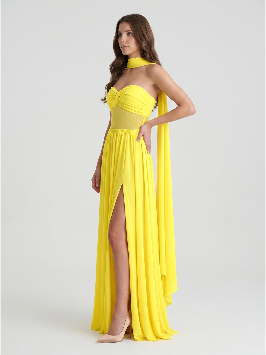 Lemon Stretch Knit A-Line Sweetheart Backless Floor-Length Bridesmaid Dress with Pleats - Curvevia