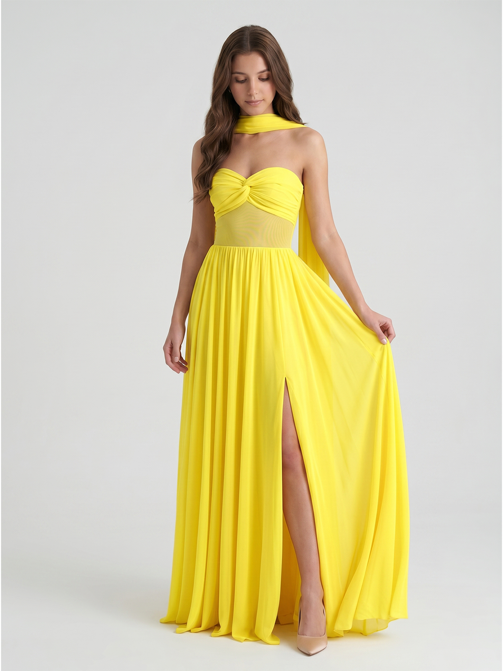 Lemon Stretch Knit A-Line Sweetheart Backless Floor-Length Bridesmaid Dress with Pleats - Curvevia