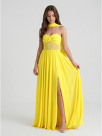 Lemon Stretch Knit A-Line Sweetheart Backless Floor-Length Bridesmaid Dress with Pleats - Curvevia
