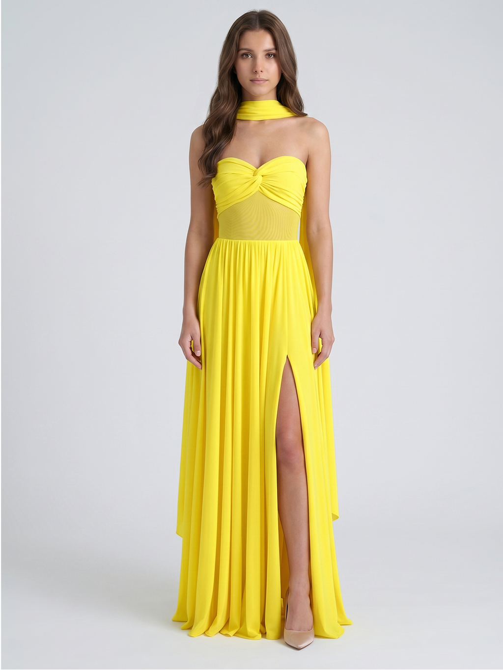 Lemon Stretch Knit A-Line Sweetheart Backless Floor-Length Bridesmaid Dress with Pleats - Curvevia