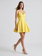 Lemon Stretch Knit A-Line V-Neck Backless Knee-Length Bridesmaid Dress with Pleats - Curvevia
